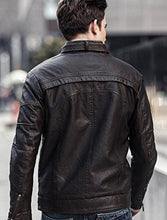 Load image into Gallery viewer, Chouyatou Men&#39;s Vintage Stand Collar Pu Leather Jacket